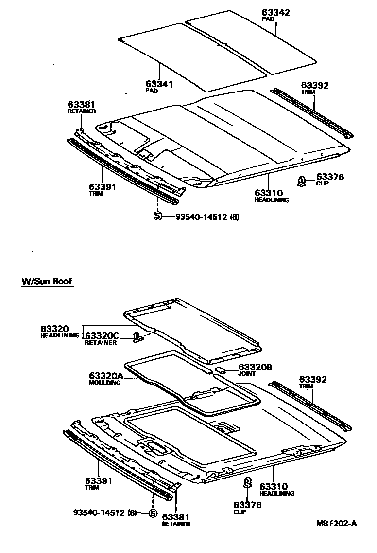 Toyota COROLLA 车顶内衬和消声垫 EPC diagram — MBF202A
