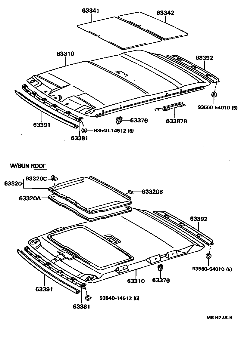 Toyota COROLLA 车顶内衬和消声垫 EPC diagram — MBH278B
