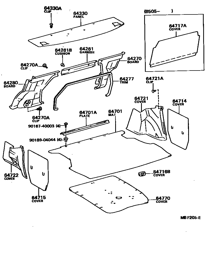 Toyota COROLLA 杂物箱板和行李箱垫 EPC diagram — MBF205E