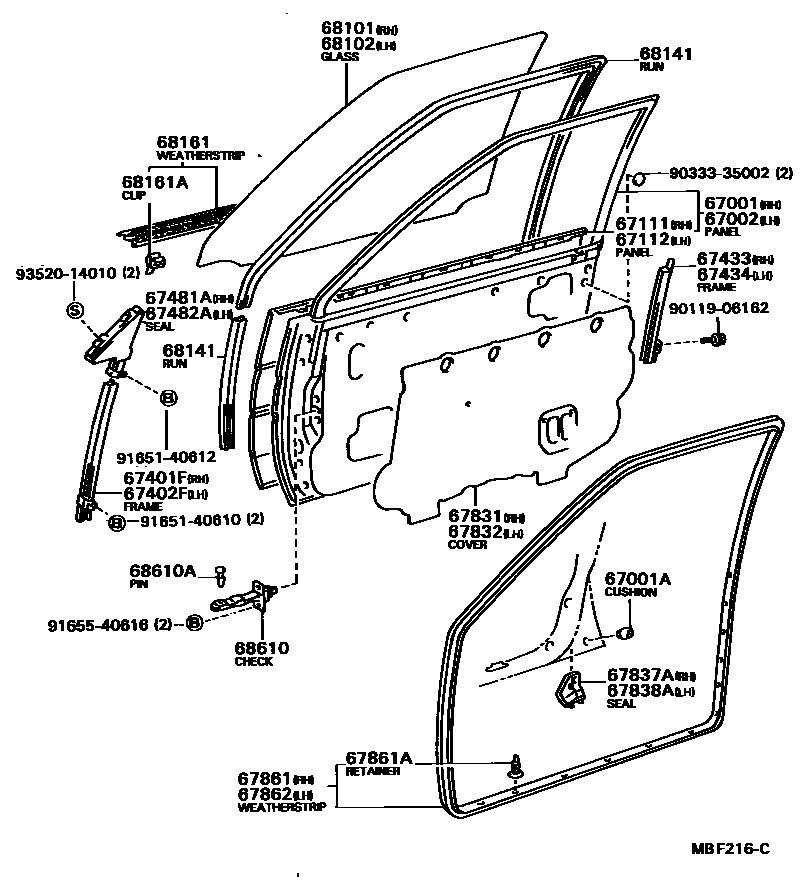Toyota COROLLA 前门板和前门玻璃 EPC diagram — MBF216C