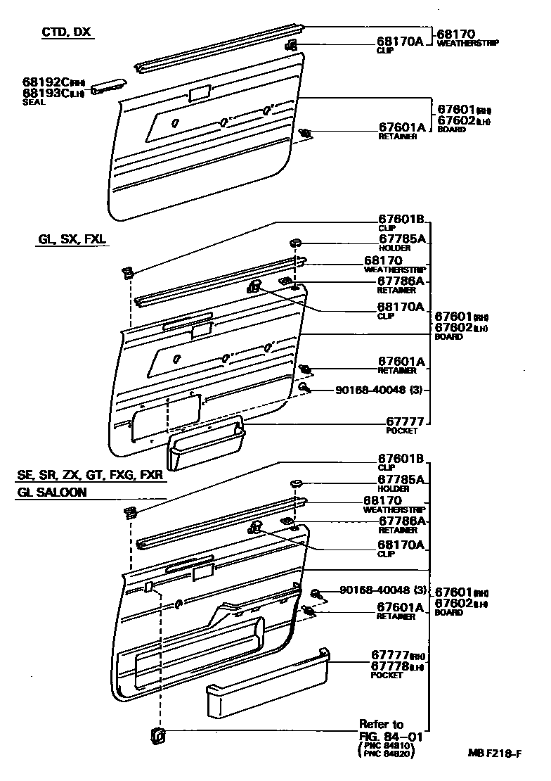 Toyota COROLLA 前门板和前门玻璃 EPC diagram — MBF218F