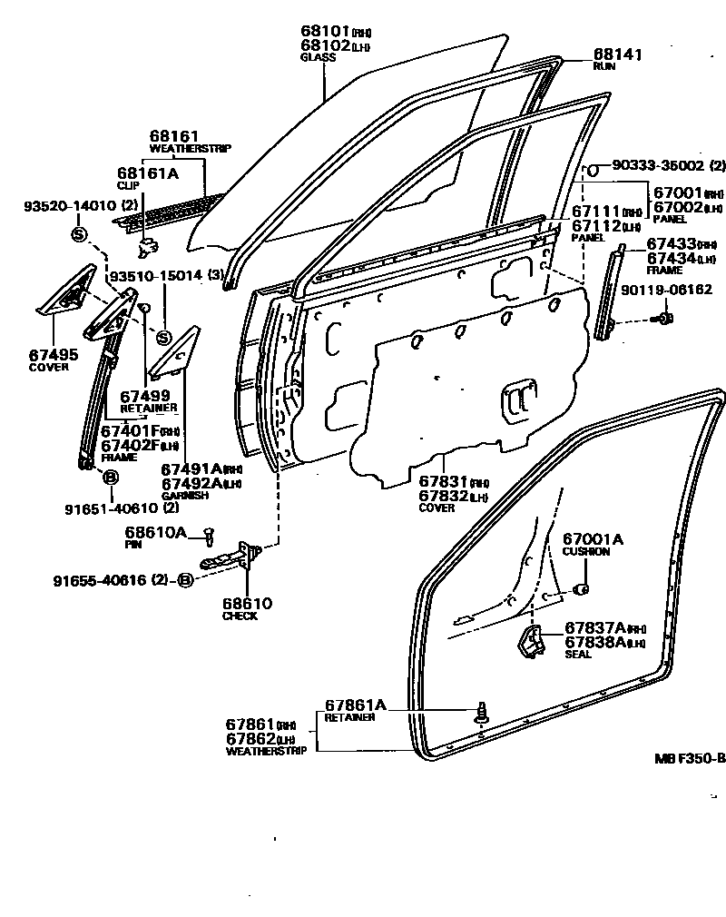Toyota COROLLA 前门板和前门玻璃 EPC diagram — MBF350B