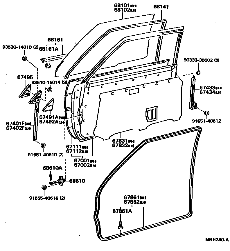 Toyota COROLLA 前门板和前门玻璃 EPC diagram — MBH280A