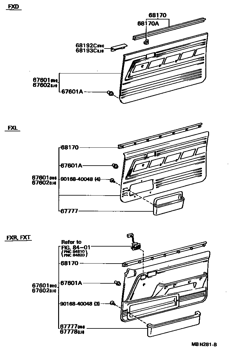 Toyota COROLLA 前门板和前门玻璃 EPC diagram — MBH281B