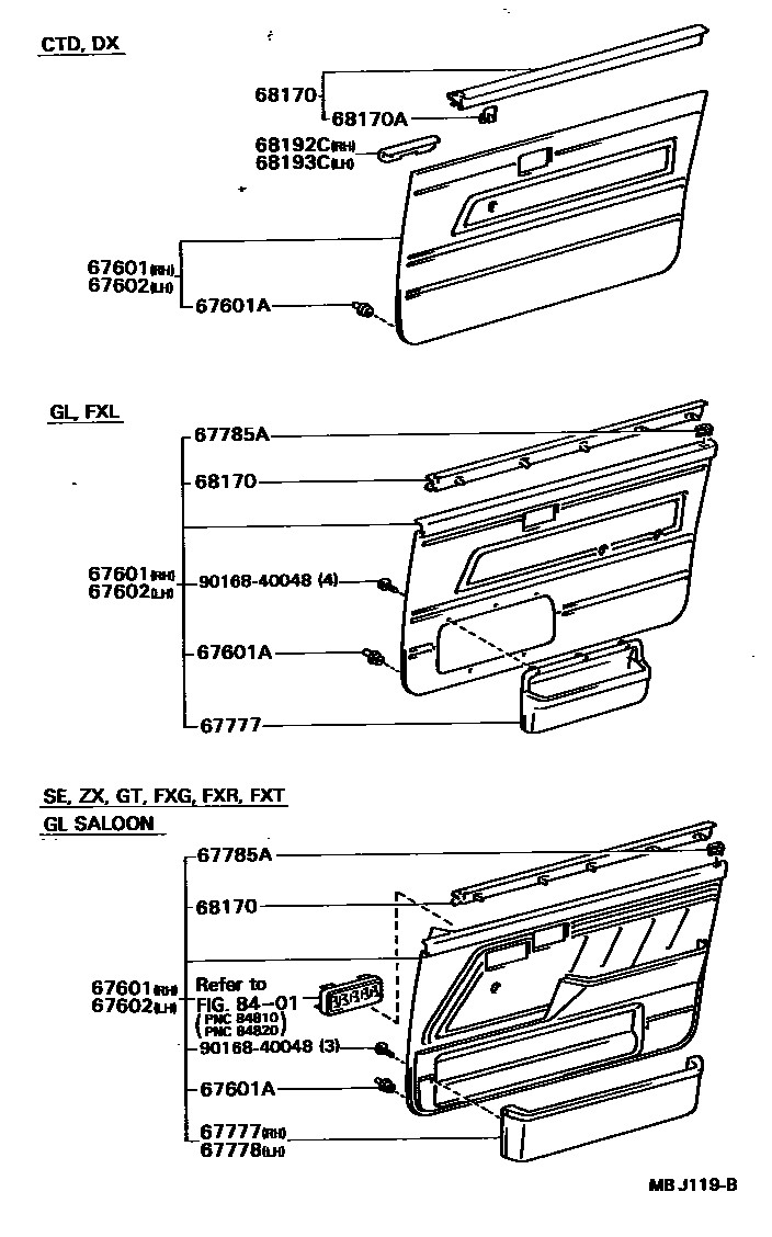 Toyota COROLLA 前门板和前门玻璃 EPC diagram — MBJ119B
