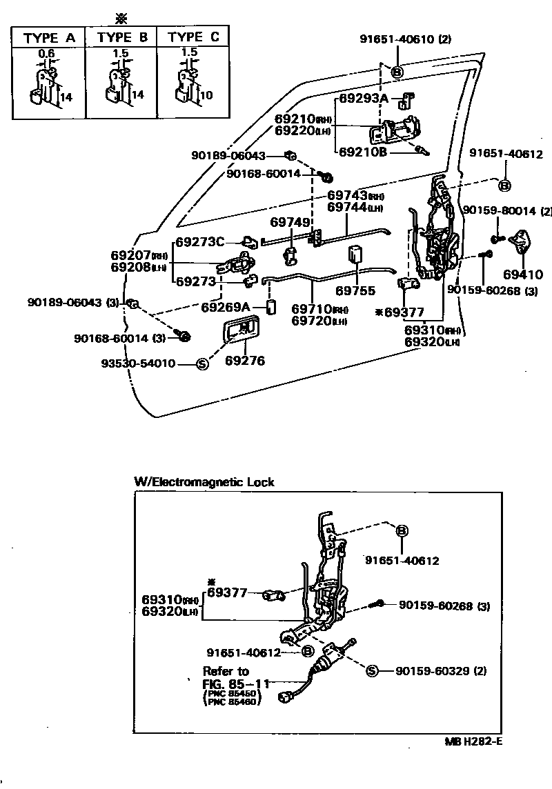 Toyota COROLLA 前门锁和车门把手 EPC diagram — MBH282E