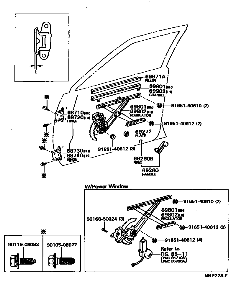 Toyota COROLLA 前门车窗升降器和合页 EPC diagram — MBF228E