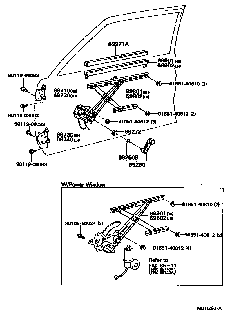 Toyota COROLLA 前门车窗升降器和合页 EPC diagram — MBH283A