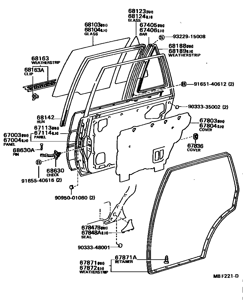 Toyota COROLLA 后门板和后门玻璃 EPC diagram — MBF221D