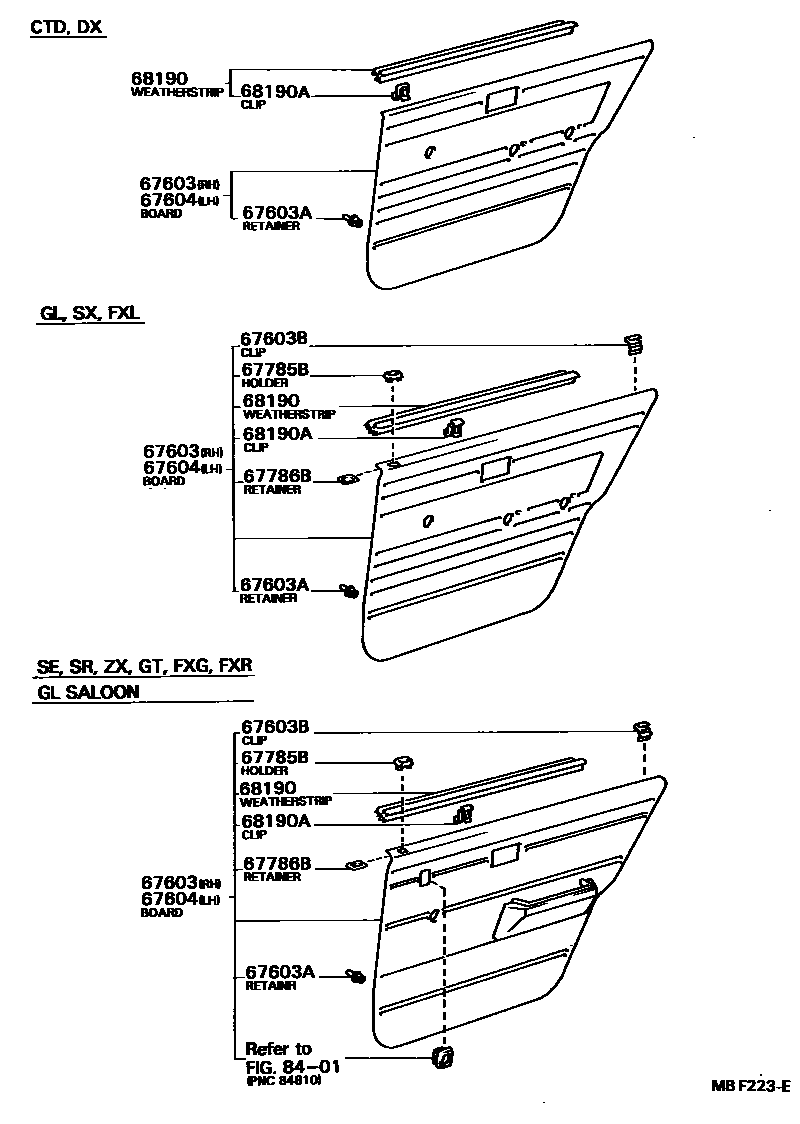 Toyota COROLLA 后门板和后门玻璃 EPC diagram — MBF223E