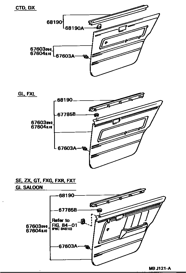 Toyota COROLLA 后门板和后门玻璃 EPC diagram — MBJ121A
