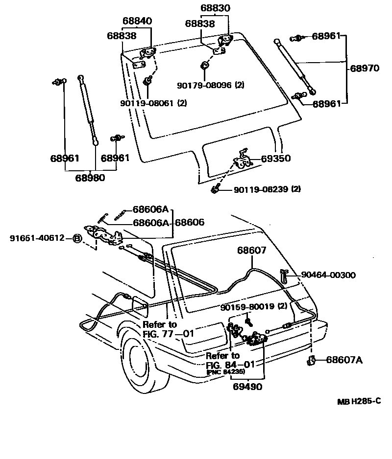 Toyota COROLLA 背门锁和背门把手 EPC diagram — MBH285C