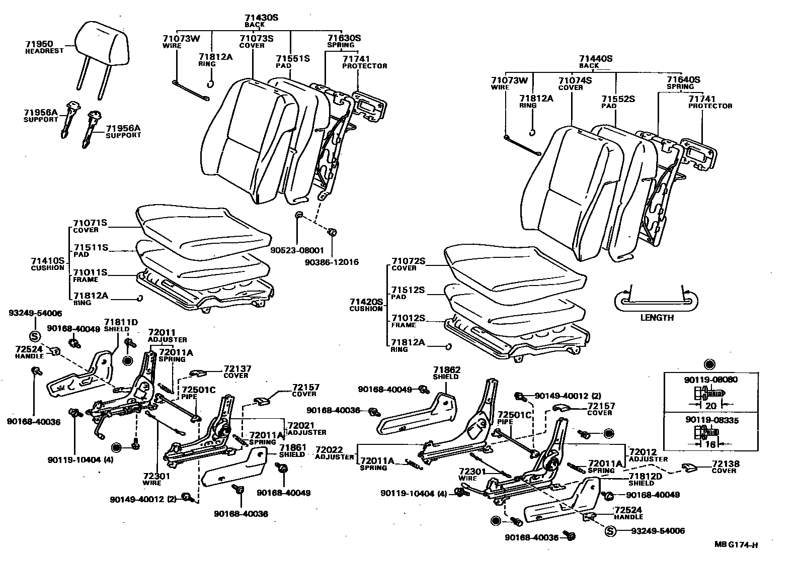 Toyota COROLLA 前排座椅和座椅滑轨 EPC diagram — MBG174H