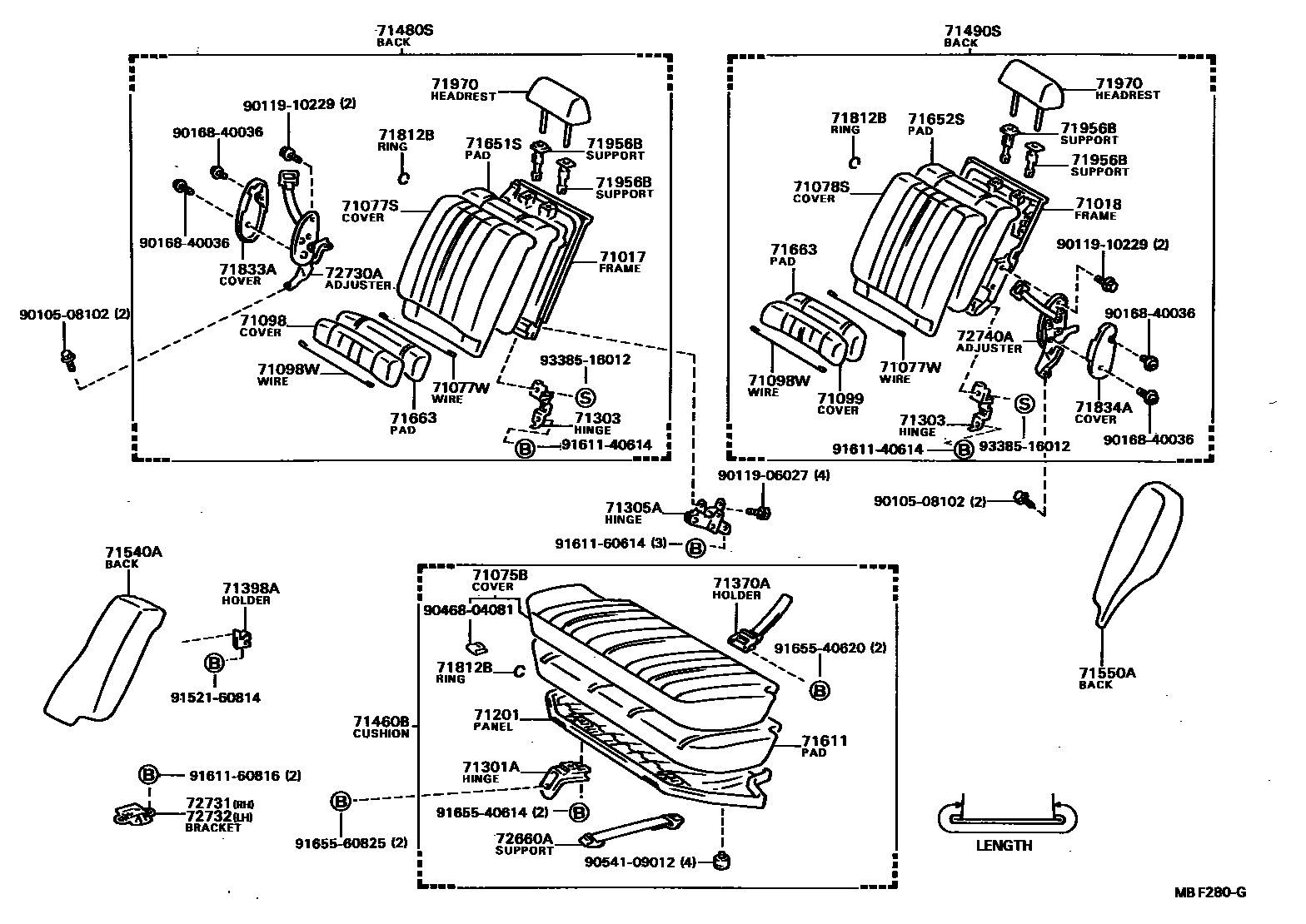 Toyota COROLLA 后排座椅和座椅滑轨 EPC diagram — MBF280G