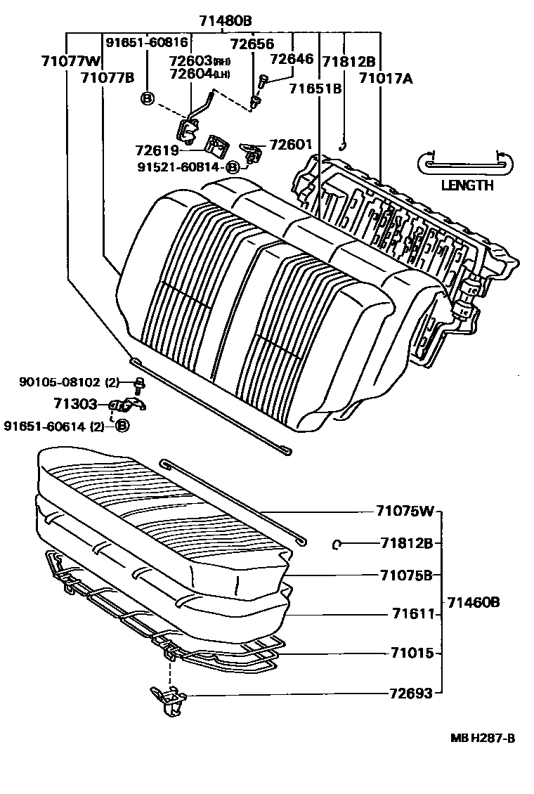 Toyota COROLLA 后排座椅和座椅滑轨 EPC diagram — MBH287B