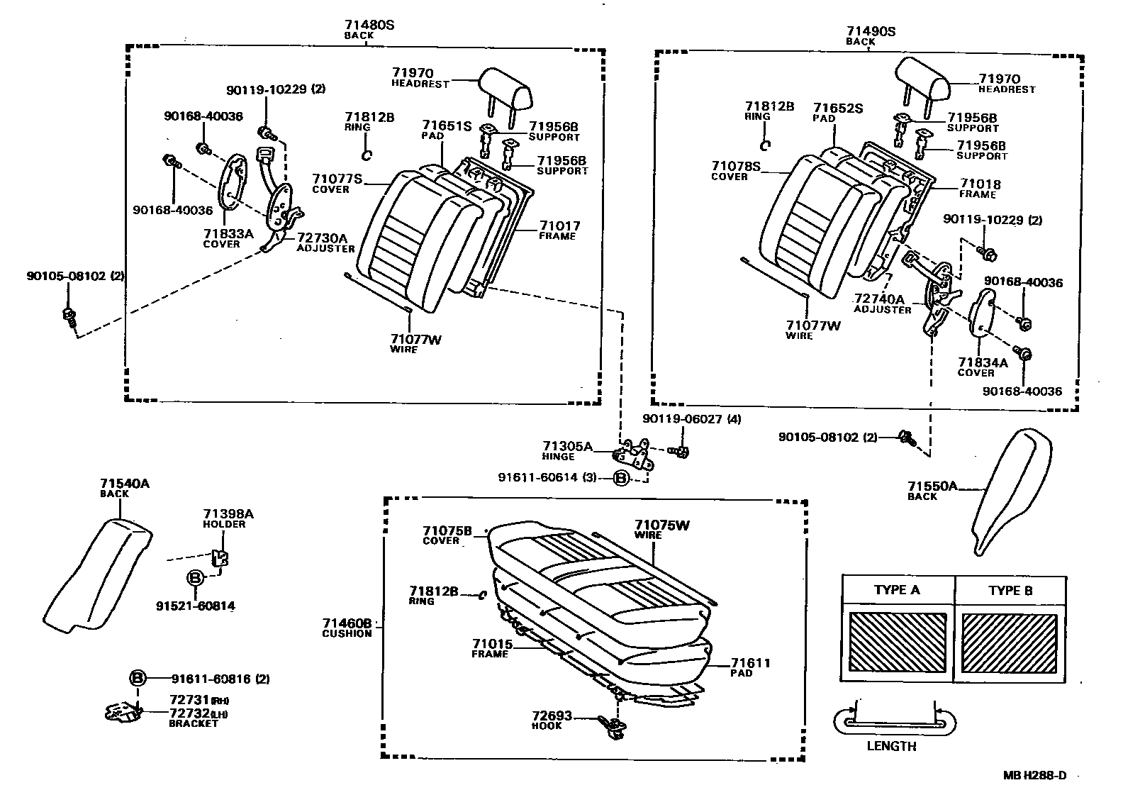Toyota COROLLA 后排座椅和座椅滑轨 EPC diagram — MBH288D