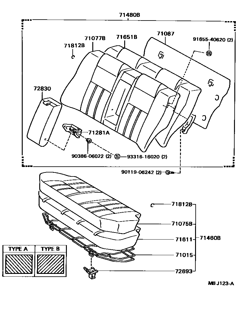 Toyota COROLLA 后排座椅和座椅滑轨 EPC diagram — MBJ123A