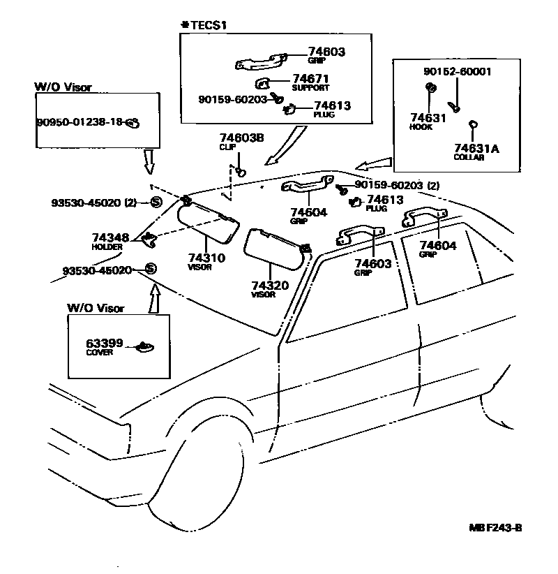 Toyota COROLLA 扶手和遮阳板 EPC diagram — MBF243B