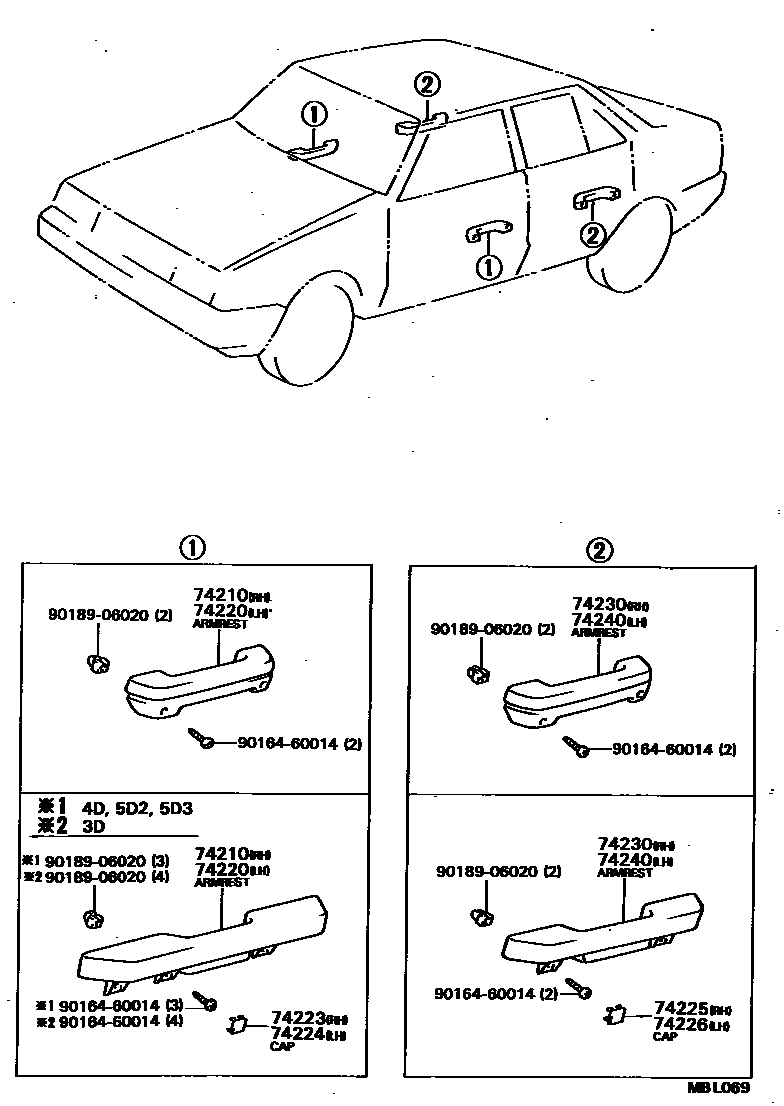 Toyota COROLLA 扶手和遮阳板 EPC diagram — MBL069