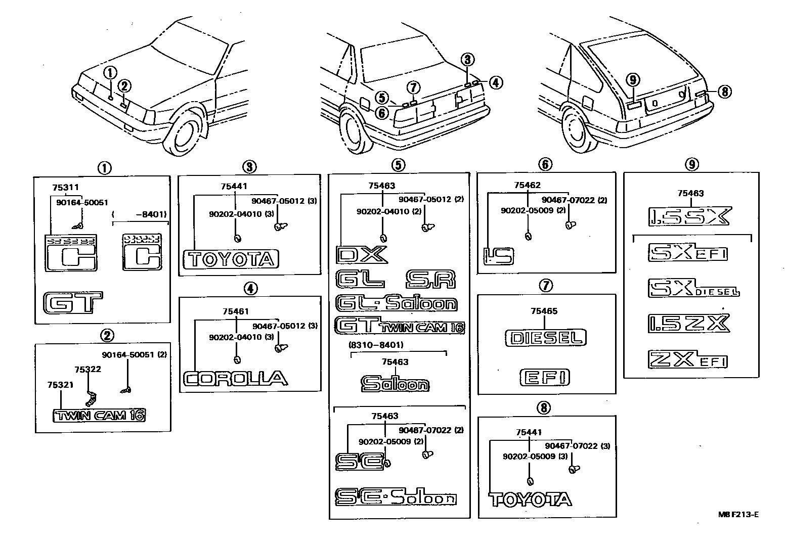 Toyota COROLLA 丰田徽标和铭牌(车外和车内) EPC diagram — MBF213E