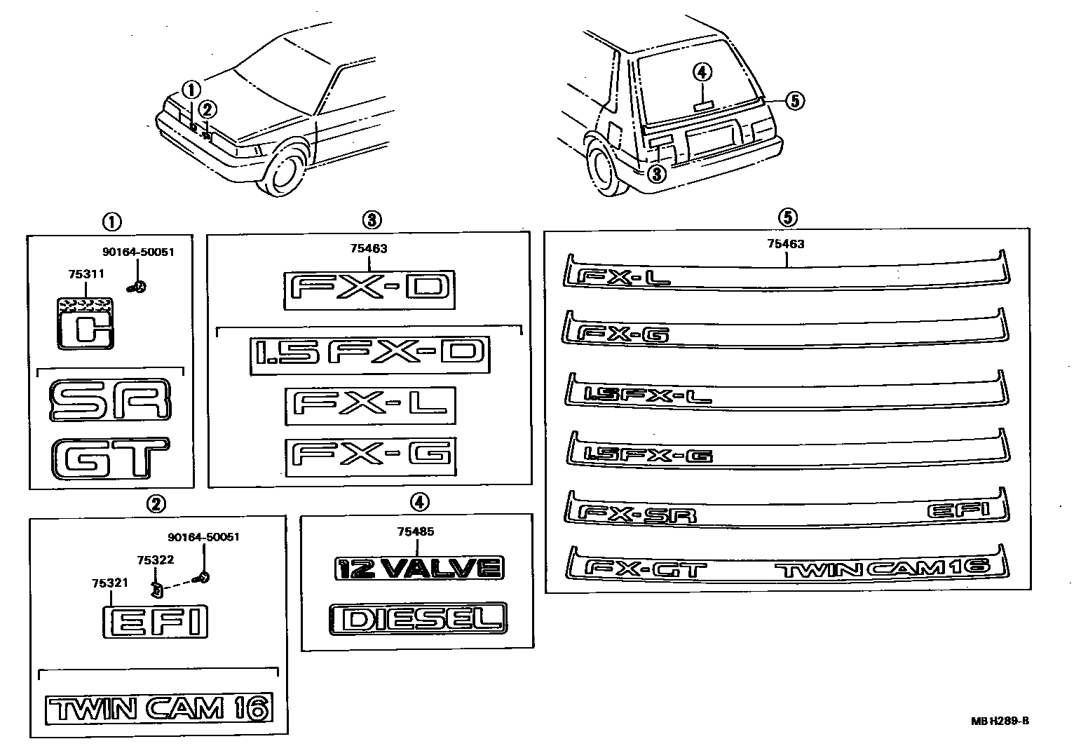 Toyota COROLLA 丰田徽标和铭牌(车外和车内) EPC diagram — MBH289B