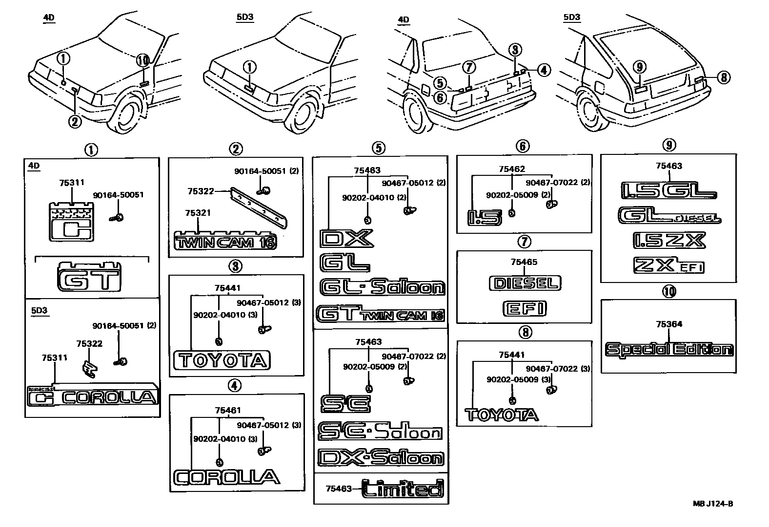 Toyota COROLLA 丰田徽标和铭牌(车外和车内) EPC diagram — MBJ124B
