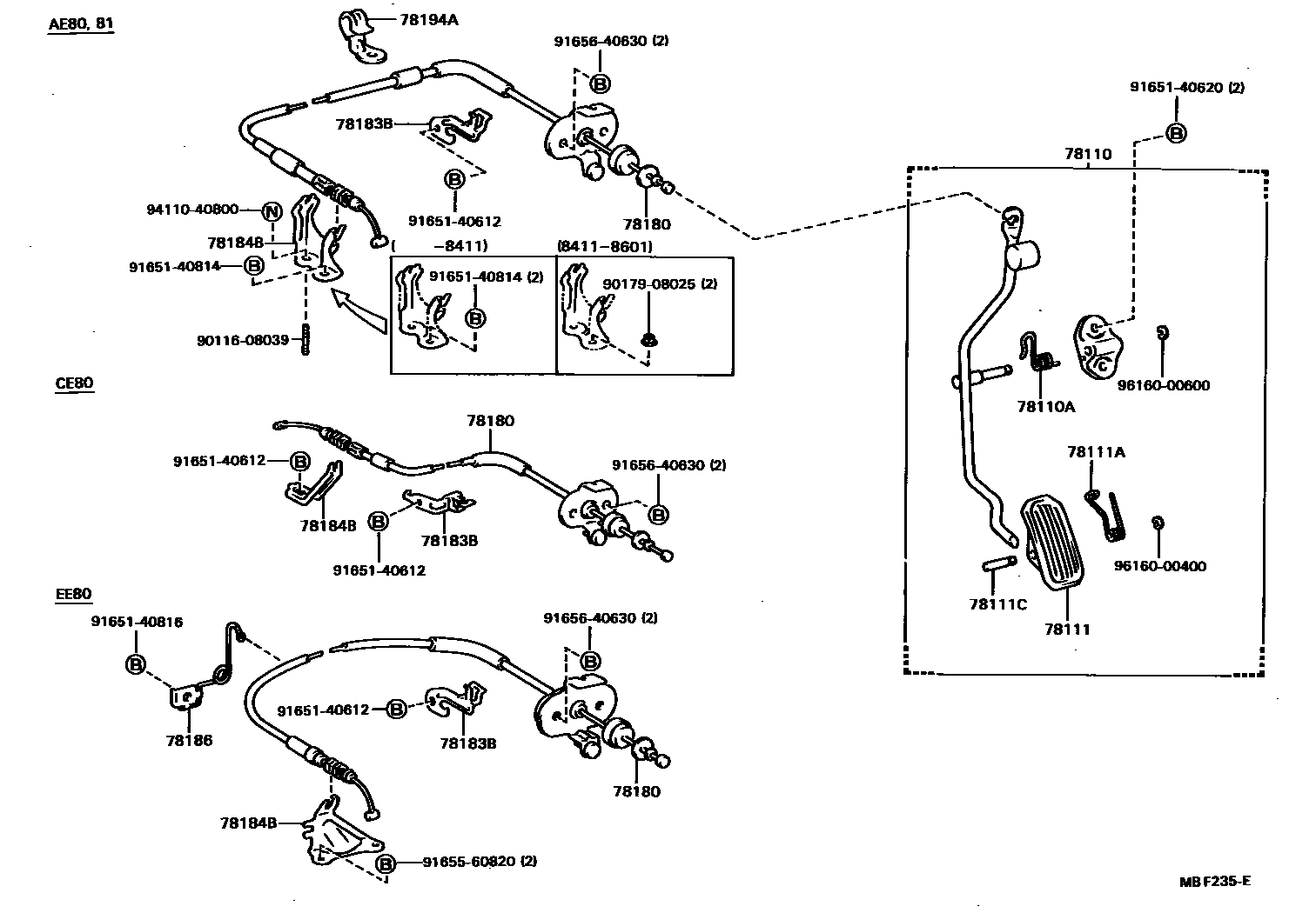 Toyota COROLLA accelerator pedal connecting rod EPC diagram — MBF235E