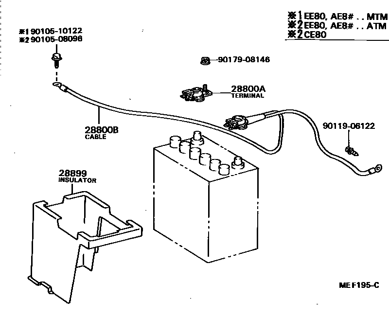 Toyota COROLLA 蓄电池和蓄电池电缆 EPC diagram — MEF195C