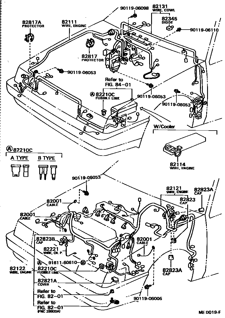 Toyota COROLLA 线束和卡夹 EPC diagram — MED019F