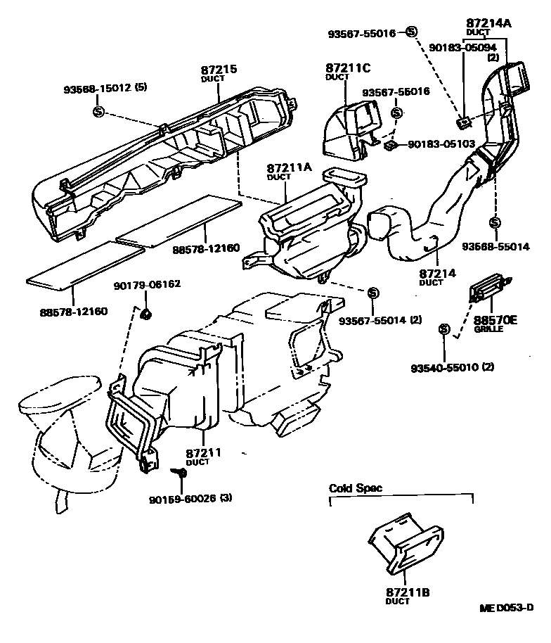 Toyota COROLLA 暖风和空调系统 - 控制器和风管 EPC diagram — MED053D