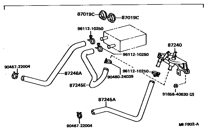 Toyota COROLLA 暖风和空调系统 - 水管 EPC diagram — MEF802A