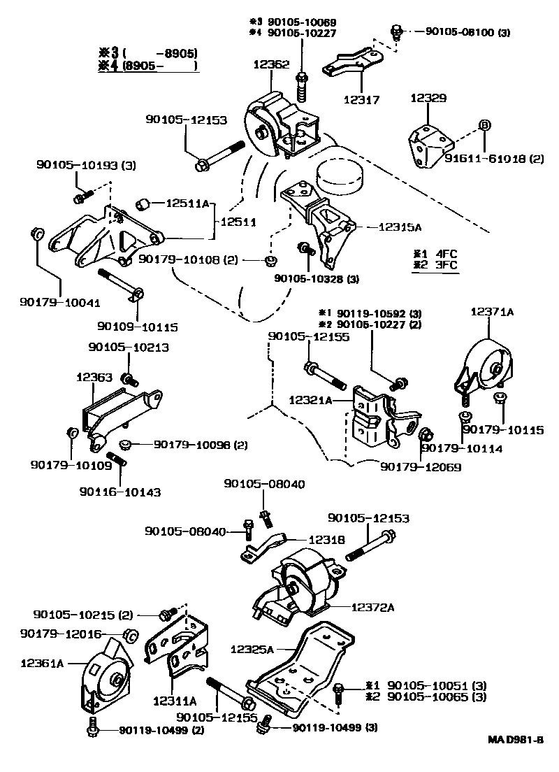 Toyota COROLLA Engine Mounting EPC diagram — MAD981B