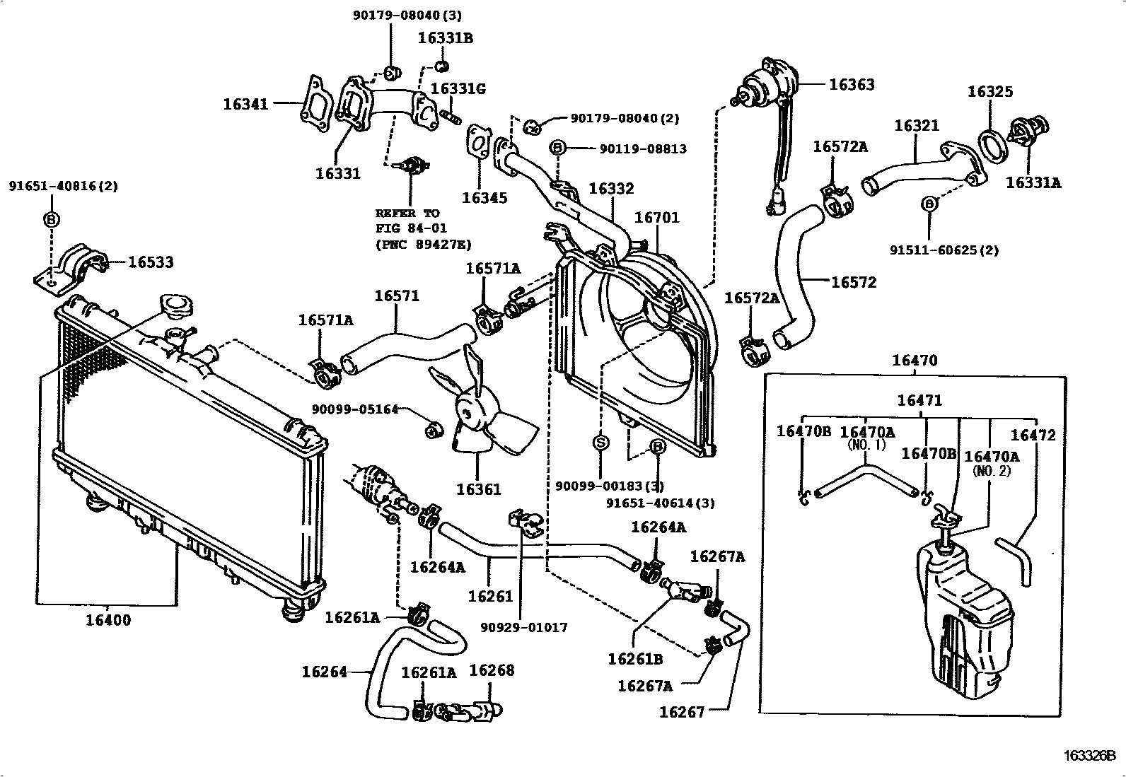 Toyota COROLLA RADIATOR & WATER OUTLET EPC diagram — 163326B