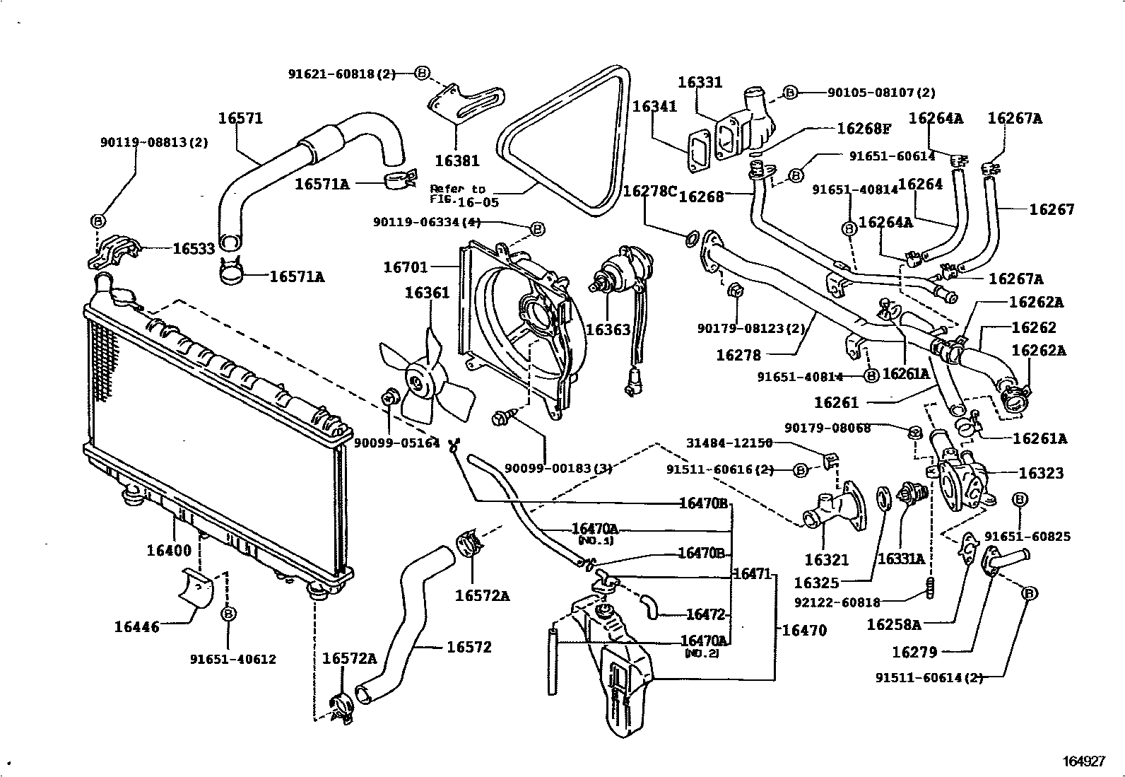 Toyota COROLLA RADIATOR & WATER OUTLET EPC diagram — 164927