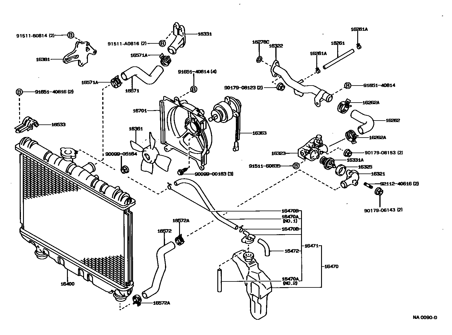 Toyota COROLLA RADIATOR & WATER OUTLET EPC diagram — NA0090D