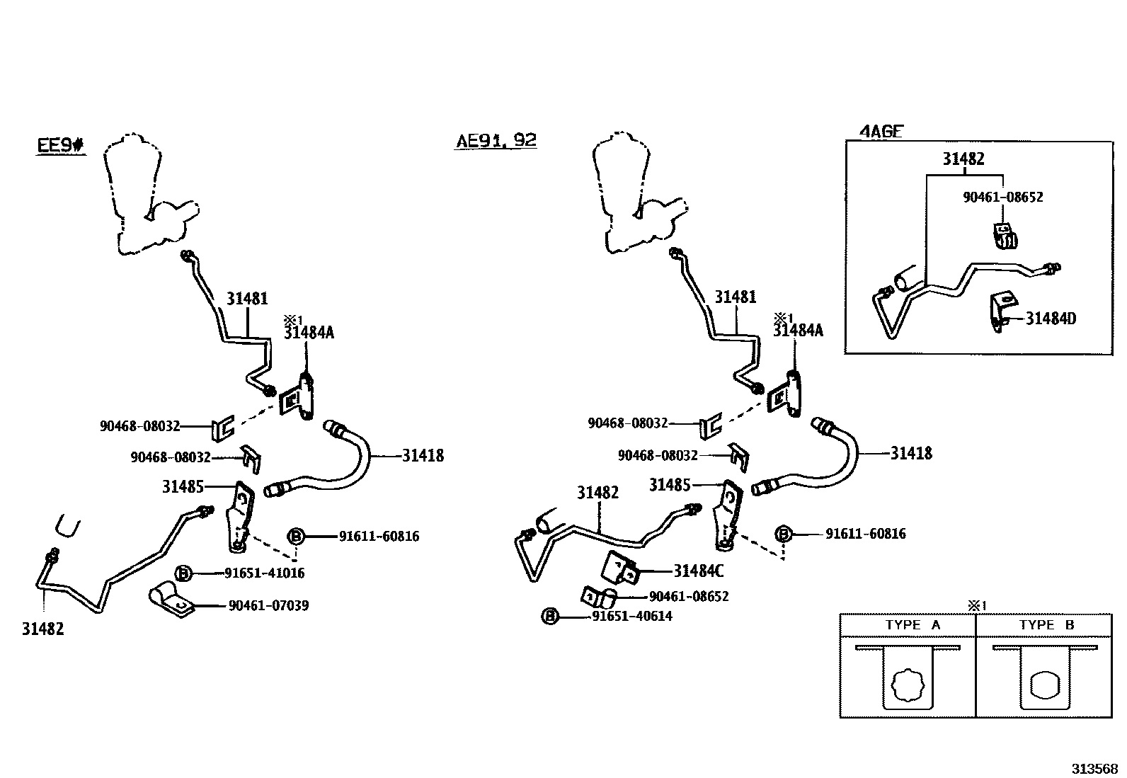 Toyota COROLLA 离合器踏板和挠性软管 EPC diagram — 313568