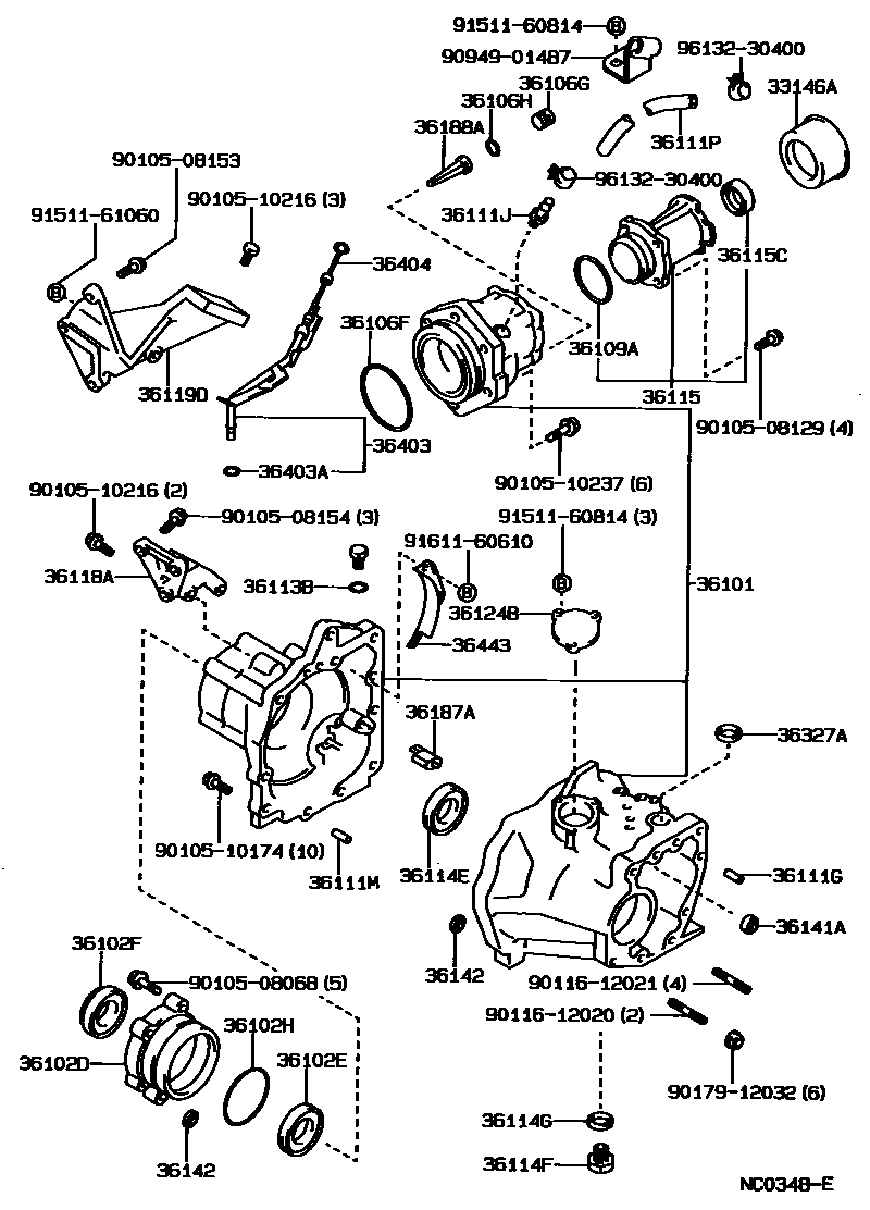 Toyota COROLLA Transfer Case & Extension Housing EPC diagram — NC0348E