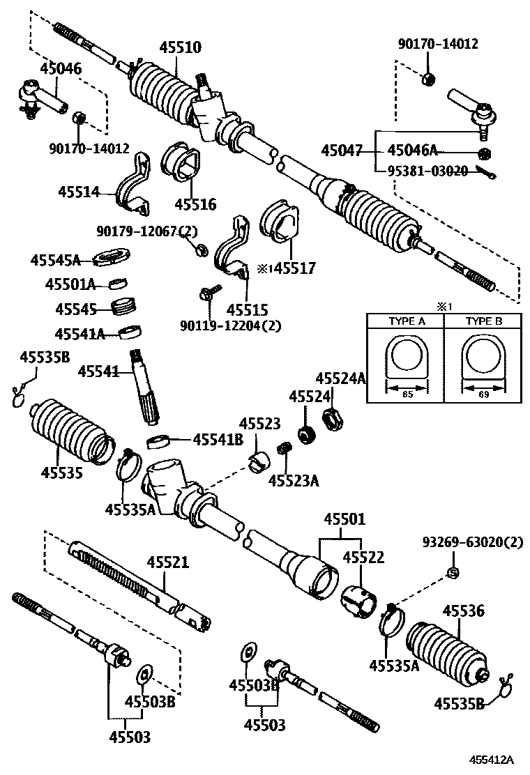 Toyota COROLLA 前转向齿轮和连杆 EPC diagram — 455412A