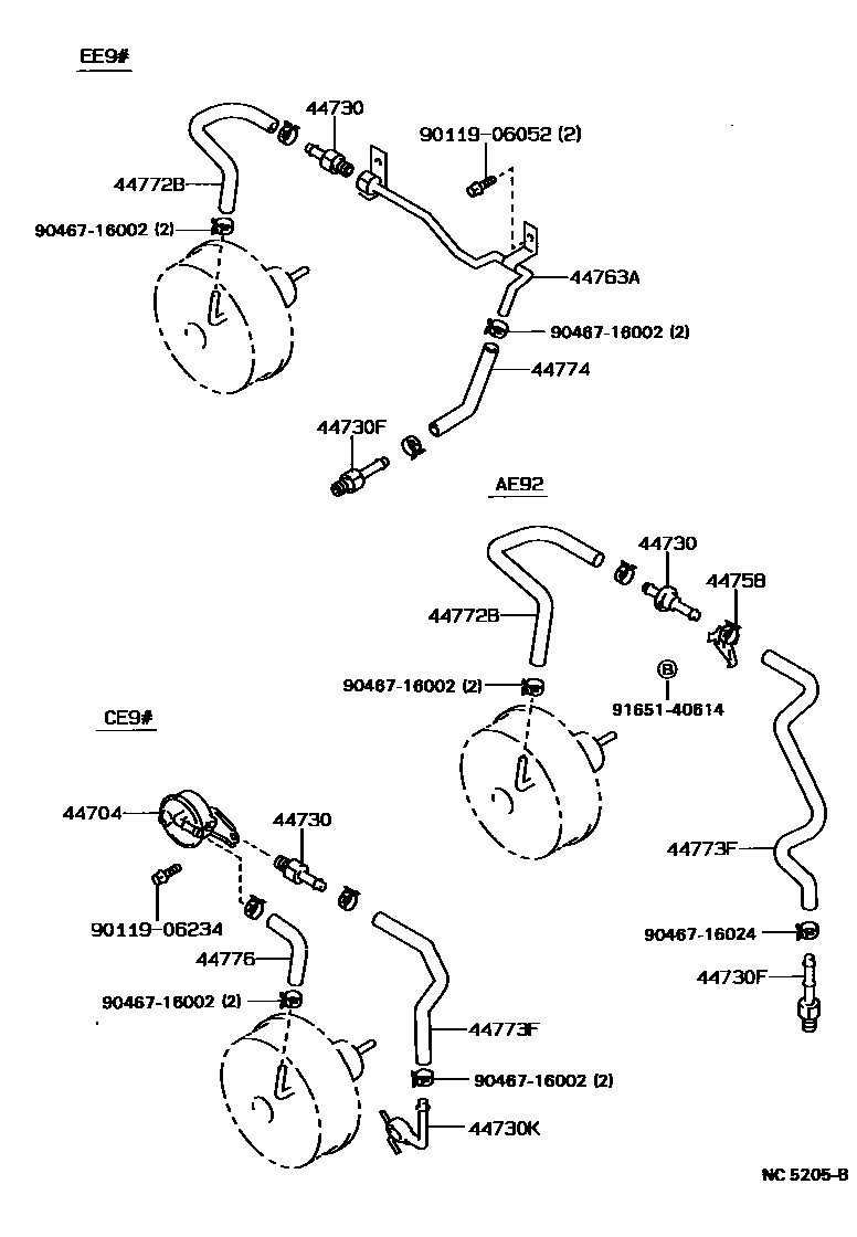 Toyota COROLLA 制动助力器和真空管 EPC diagram — NC5205B
