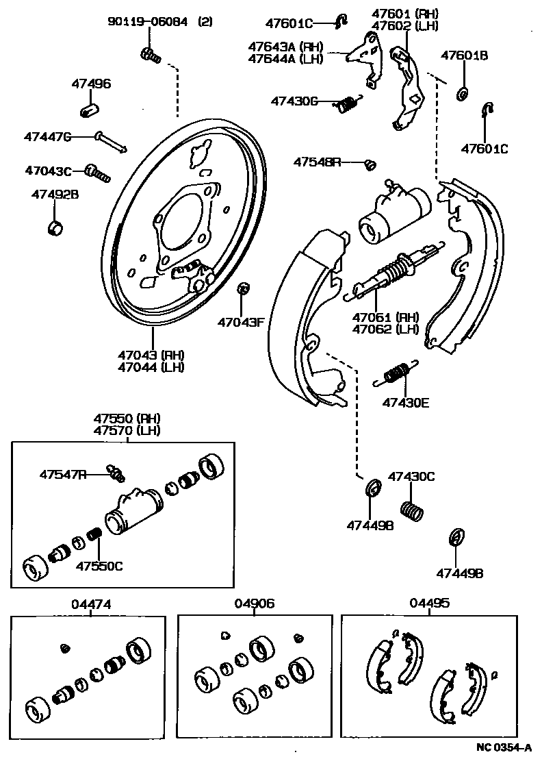 Toyota COROLLA 后鼓式制动器分泵和底板 EPC diagram — NC0354A