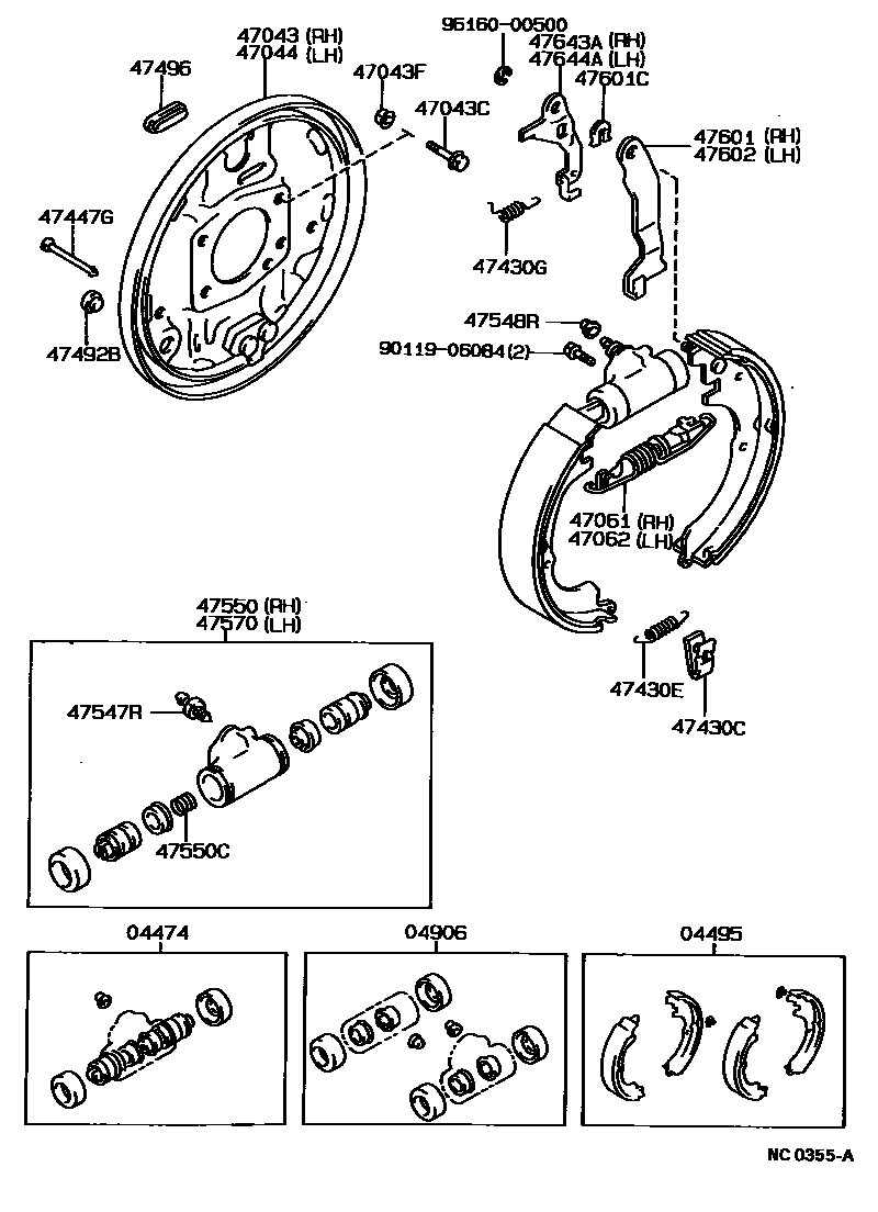 Toyota COROLLA 后鼓式制动器分泵和底板 EPC diagram — NC0355A