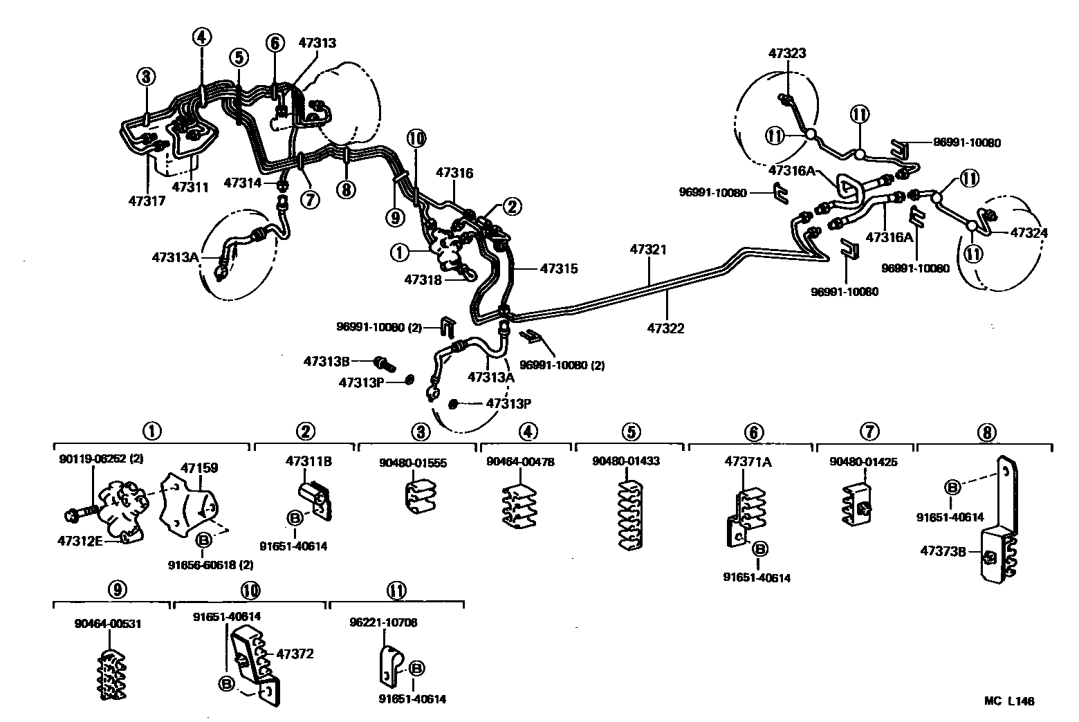Toyota COROLLA 制动配管和卡箍 EPC diagram — MCL146