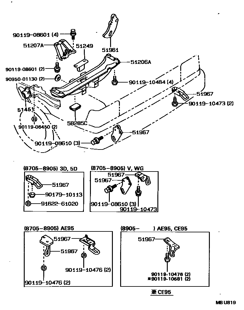 Toyota COROLLA 悬架横梁和发动机底罩 EPC diagram — MBU819