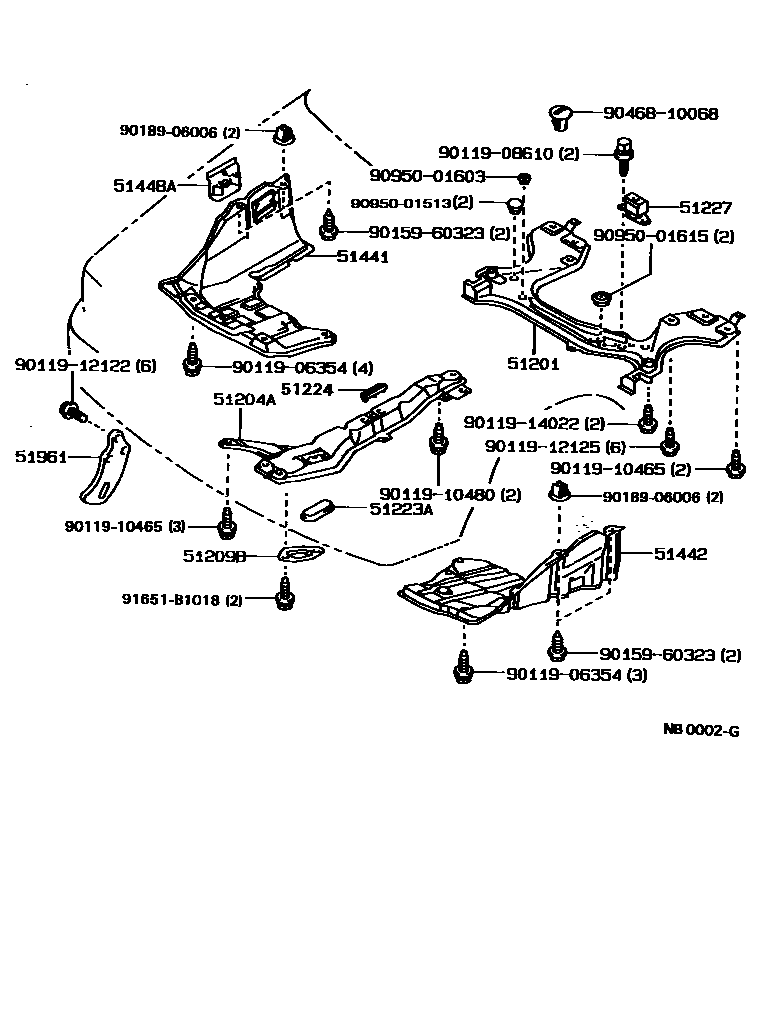Toyota COROLLA 悬架横梁和发动机底罩 EPC diagram — NB0002G