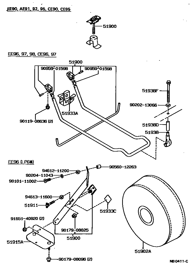 Toyota COROLLA Spare tire rack EPC diagram — NB0411C