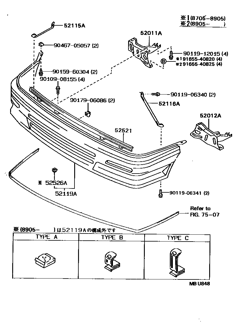 Toyota COROLLA 前保险杠及附件 EPC diagram — MBU848