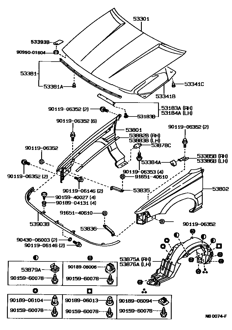 Toyota COROLLA 发动机盖和前翼子板 EPC diagram — NB0074F