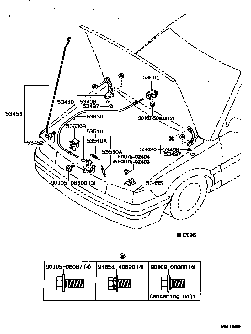Toyota COROLLA 发动机盖锁和铰链 EPC diagram — MBT699