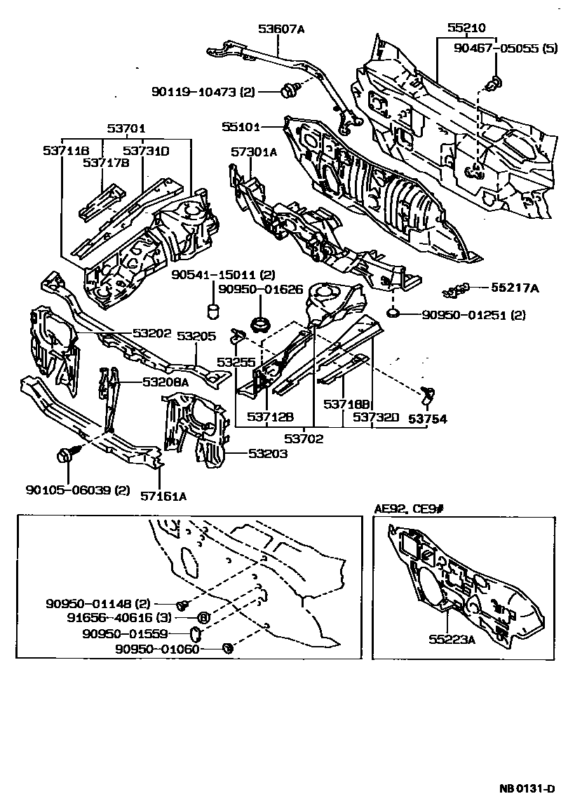 Toyota COROLLA 前翼子板挡泥板和前围板 EPC diagram — NB0131D