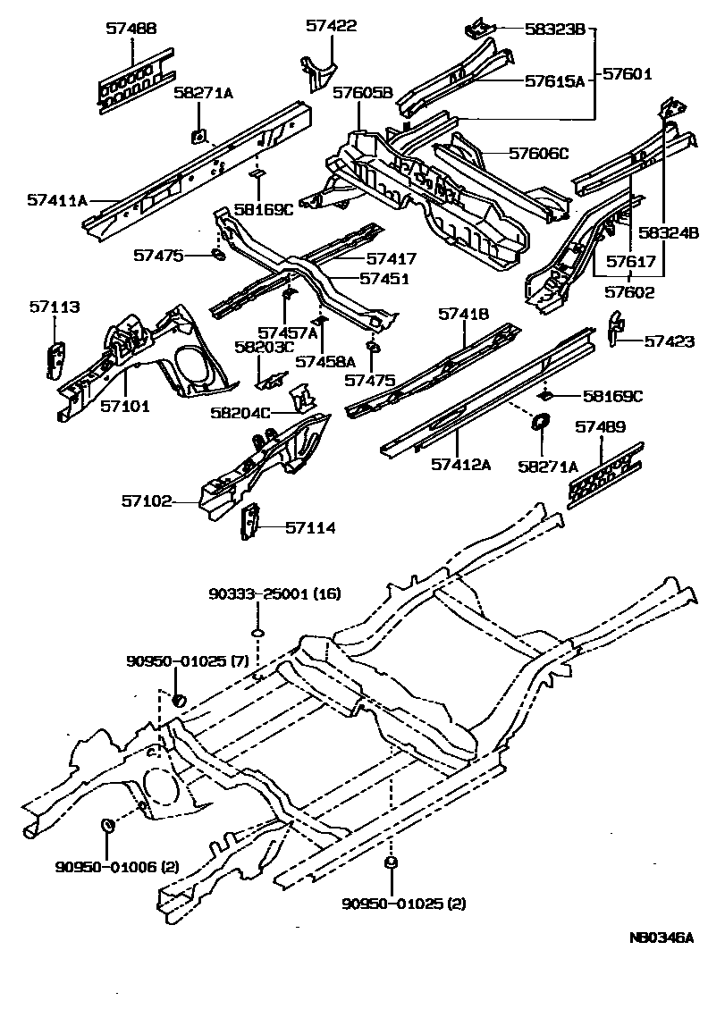 Toyota COROLLA Floor stringers EPC diagram — NB0346A